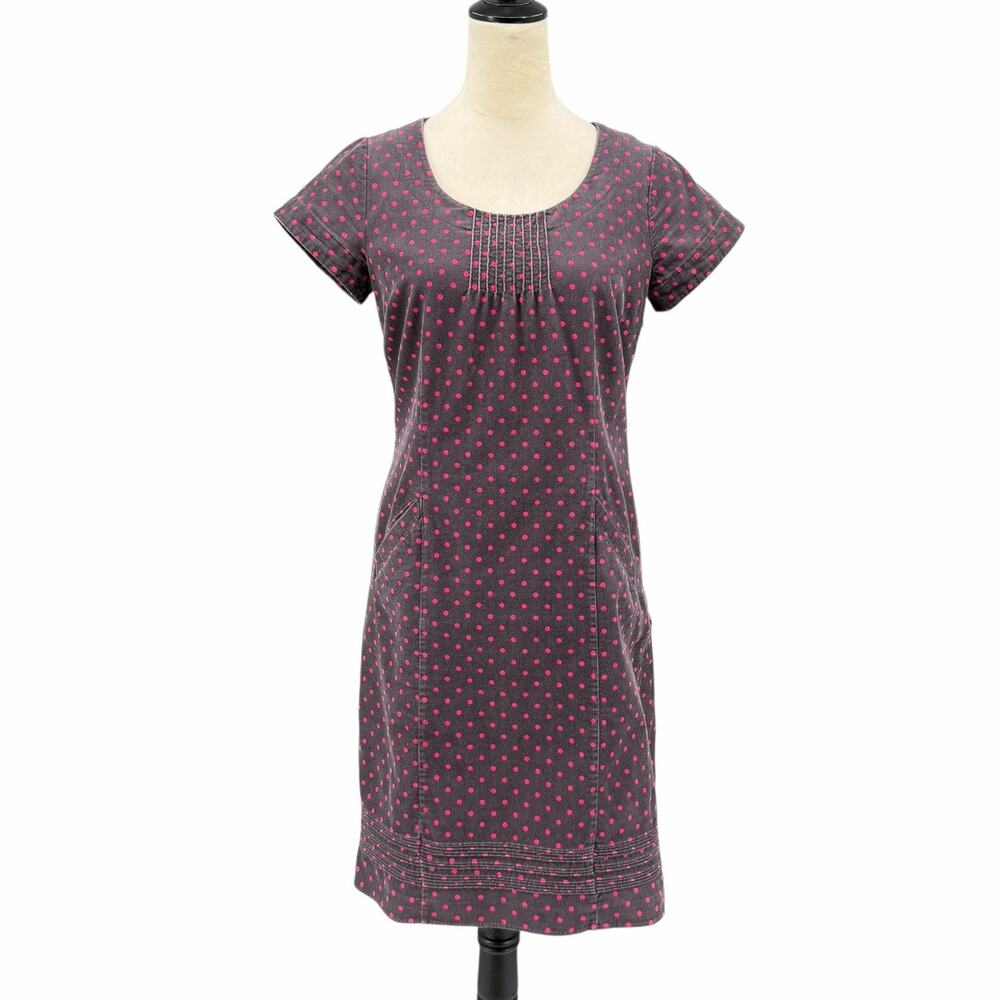 Boden Gray Corduroy Pink Polka Dot Short Sleeve 100% Cotton Feminine Shift Dress
